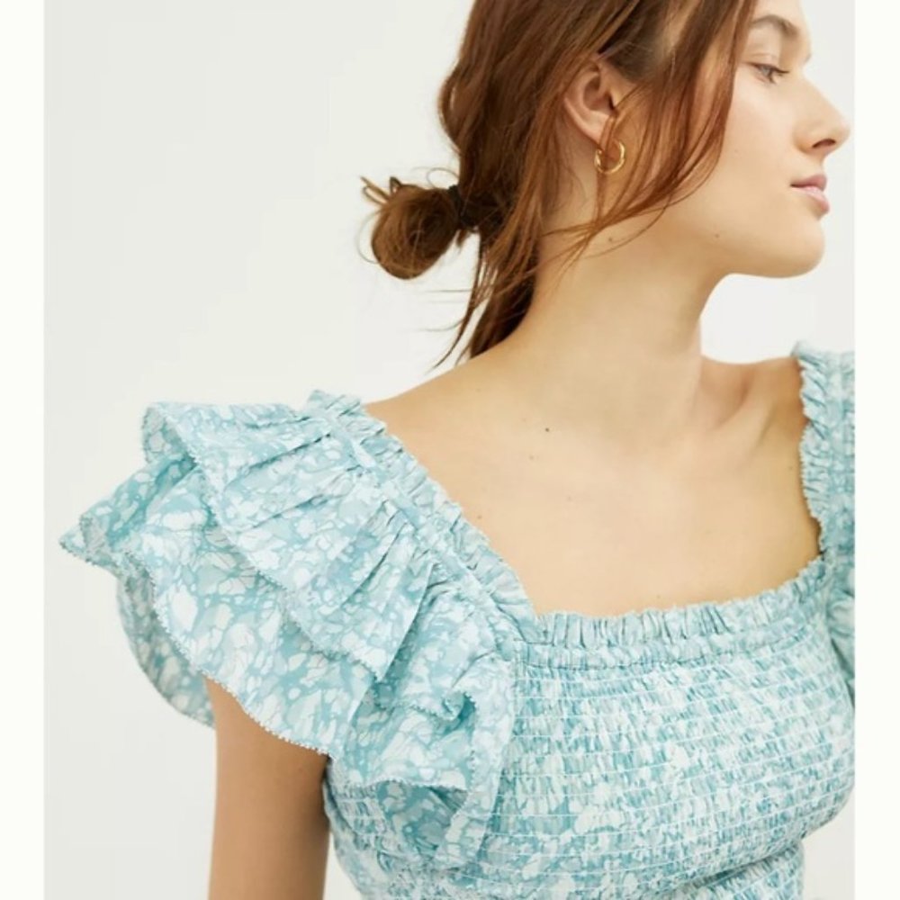 Anthropologie Love the Label smocked‎ ruffle square neck top  NWT - Picture 3 of 9